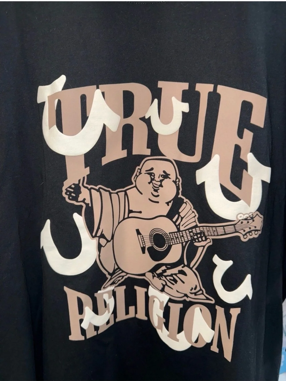 True Religion Black Tee with Beige Graphic Buddha Guitar